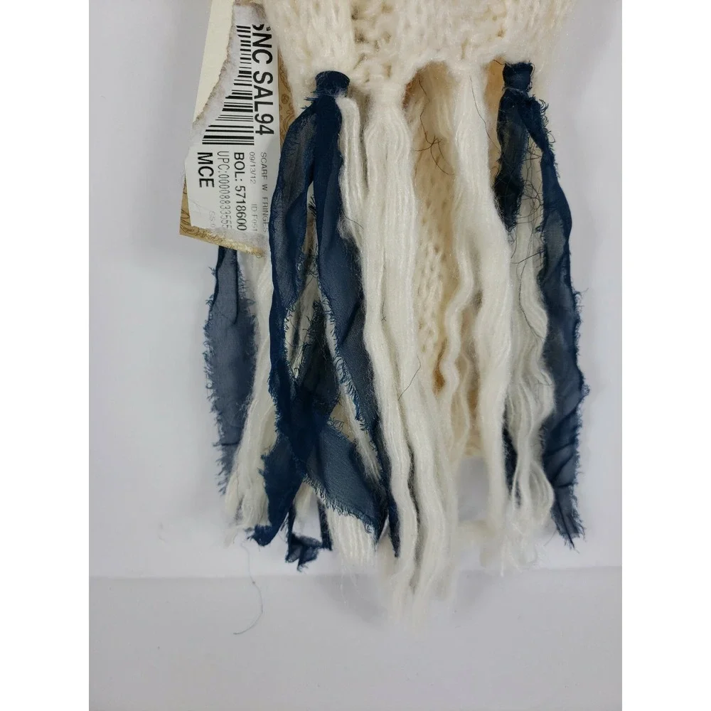 Unique American Rag Scarf w/ Fringe & Buttons Ivory w/ Blue Ribbon Winter - E1